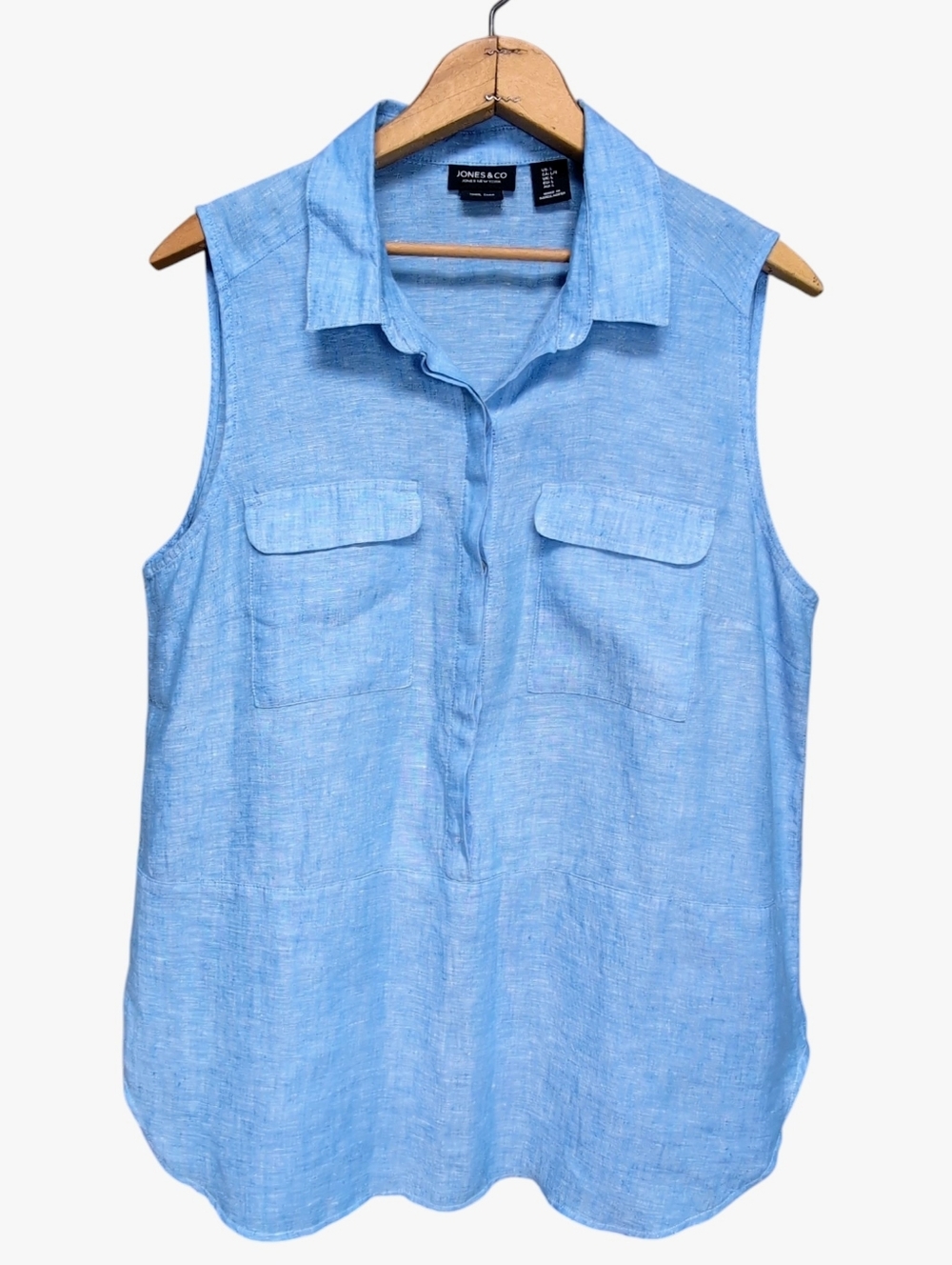 Jones New York Blue Popover Tunic Top Linen Hidden Buttons Sleeveless Size LARGE